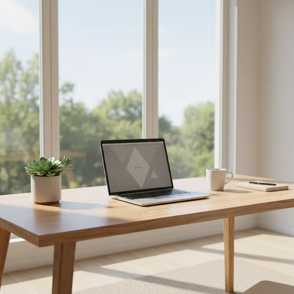 Bureau maison ergonomique avec lumière naturelle, plantes vertes et rangements organisés
