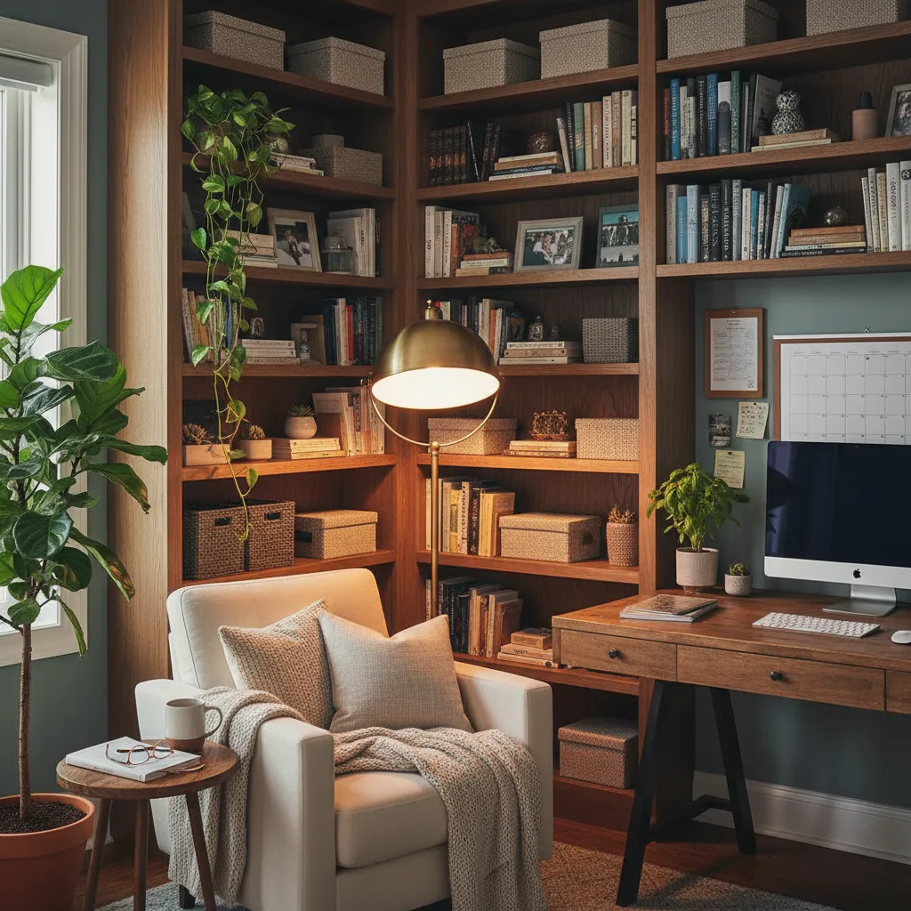 Organisation d'un bureau maison avec rangements, plantes et éclairage tamisé