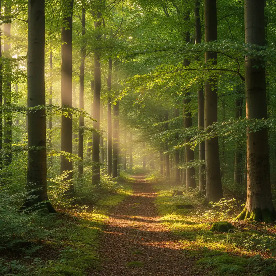 Bain de forêt en Suisse : sentier ombragé sous les hêtres avec lumière filtrante