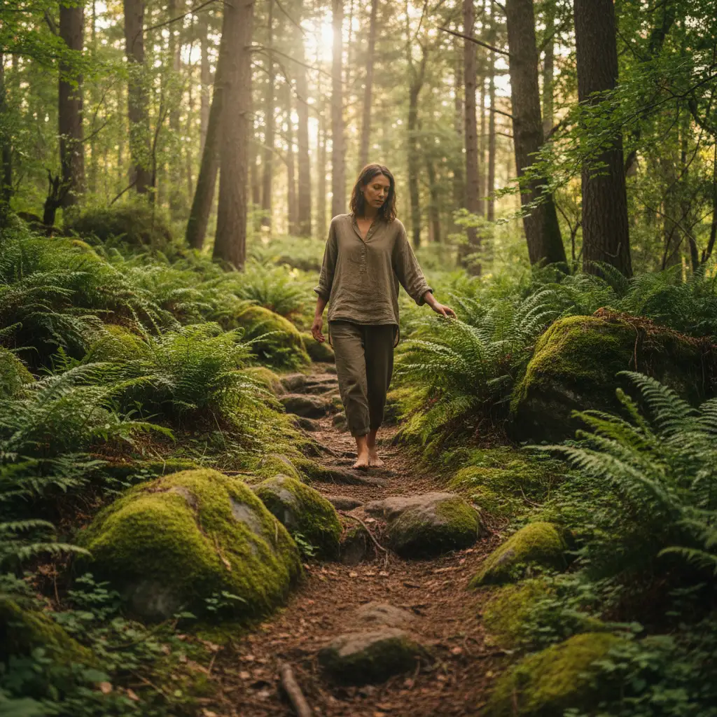 Pratique du bain de forêt : main posée sur un tronc de hêtre couvert de mousse en Suisse