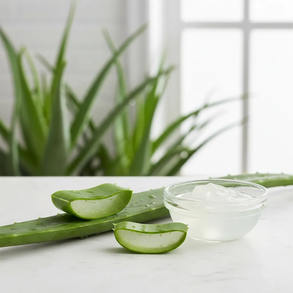 Feuille d'aloe vera fraîche coupée avec gel transparent sur fond vert naturel