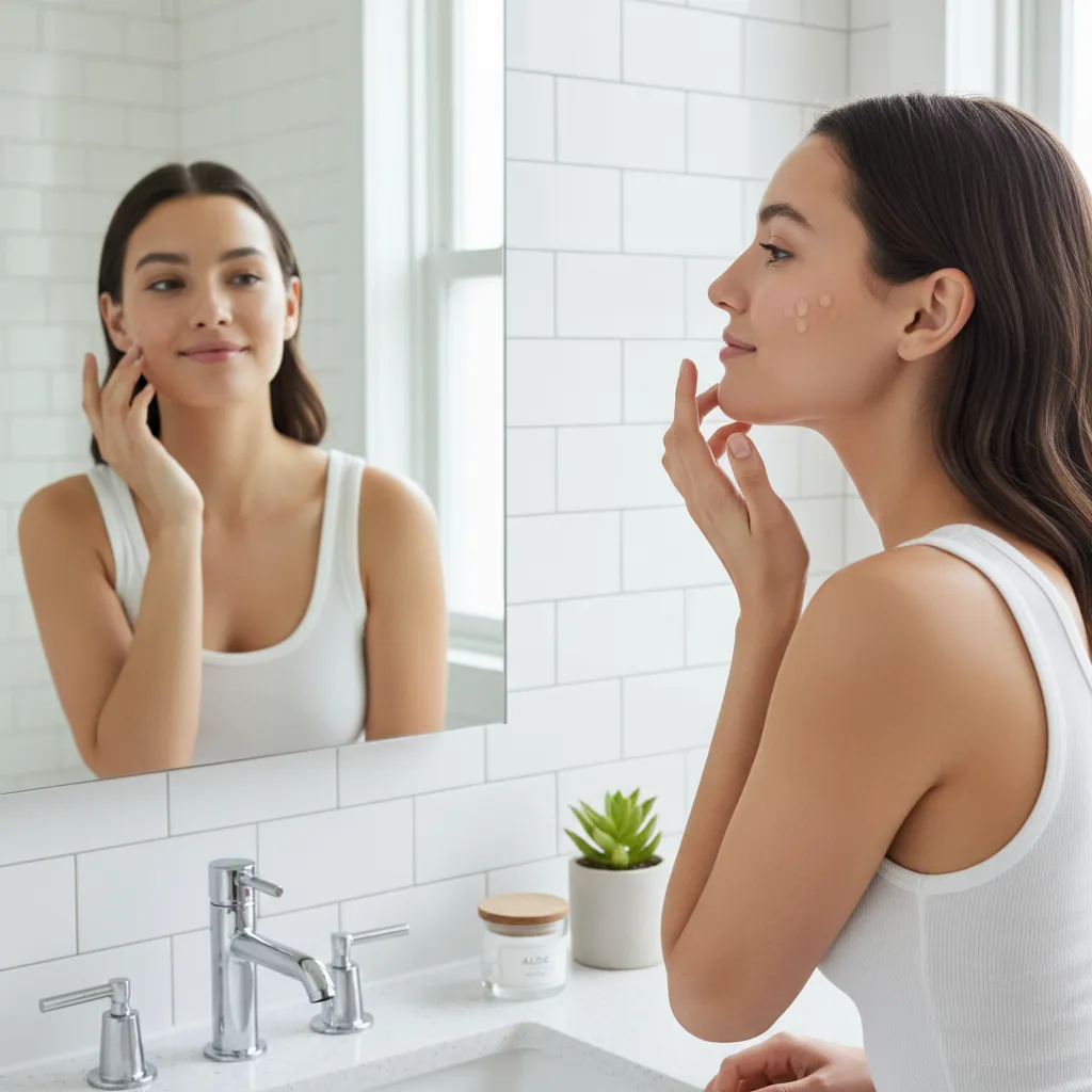 Femme appliquant du gel d'aloe vera sur son visage dans une salle de bain lumineuse, routine beauté naturelle