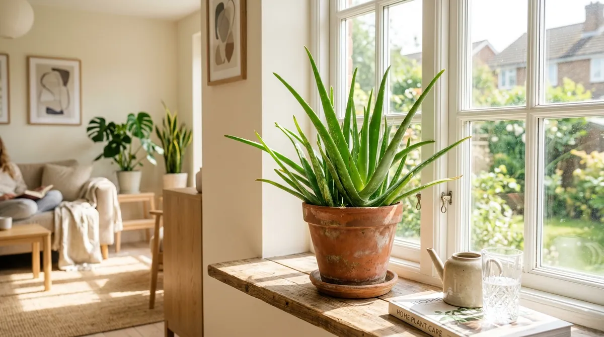 Plante d'aloe vera en pot de terre cuite sur un rebord de fenêtre ensoleillé, décoration scandinave minimaliste