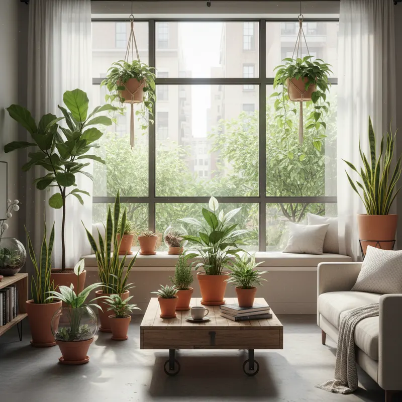 Plantes dépolluantes vertes disposées dans un intérieur lumineux