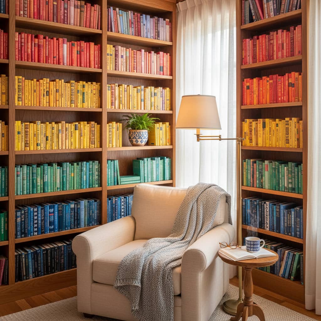 Étagère de livres pour un coin lecture cocooning inspirant