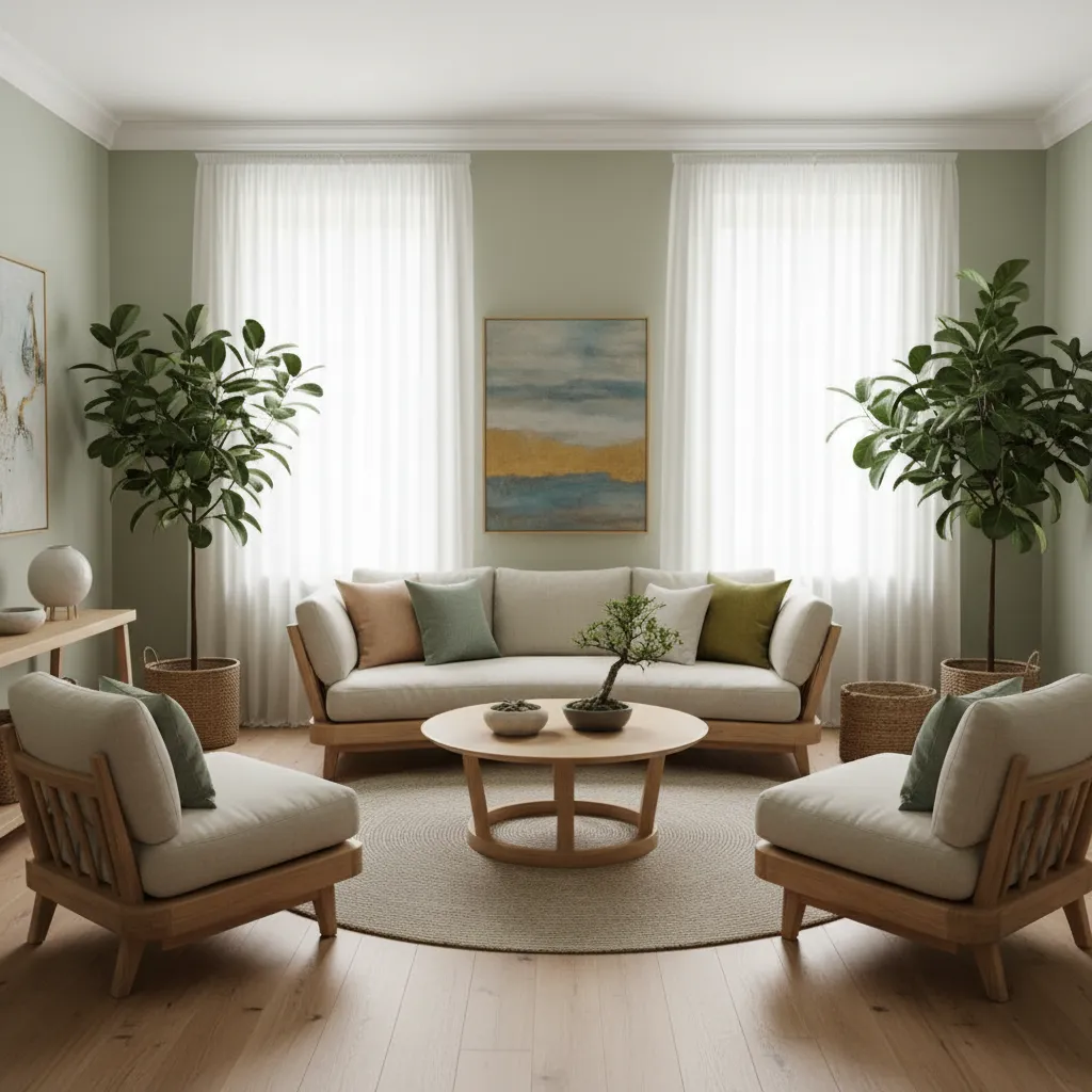Salon harmonieux aménagé selon les principes du feng shui avec plantes vertes et lumière naturelle