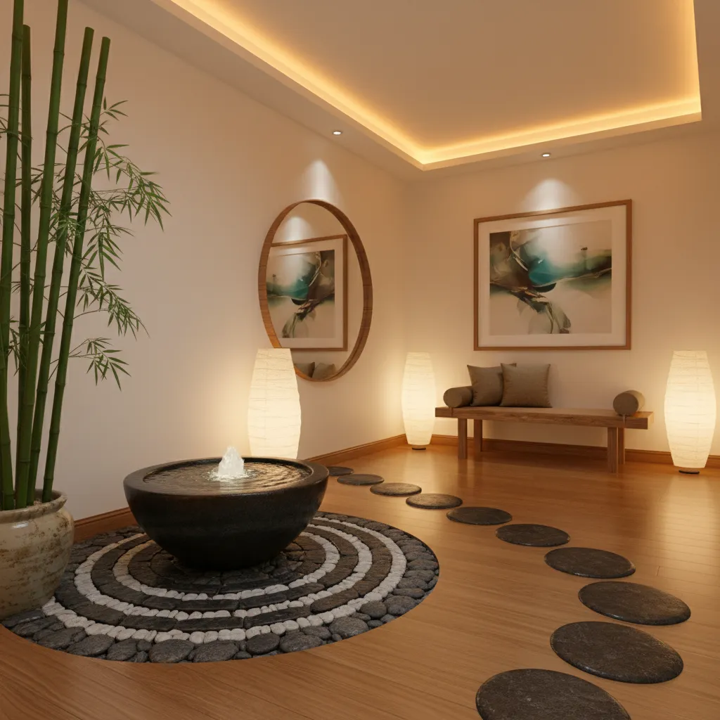 Chambre à coucher feng shui avec tête de lit en bois et décoration épurée