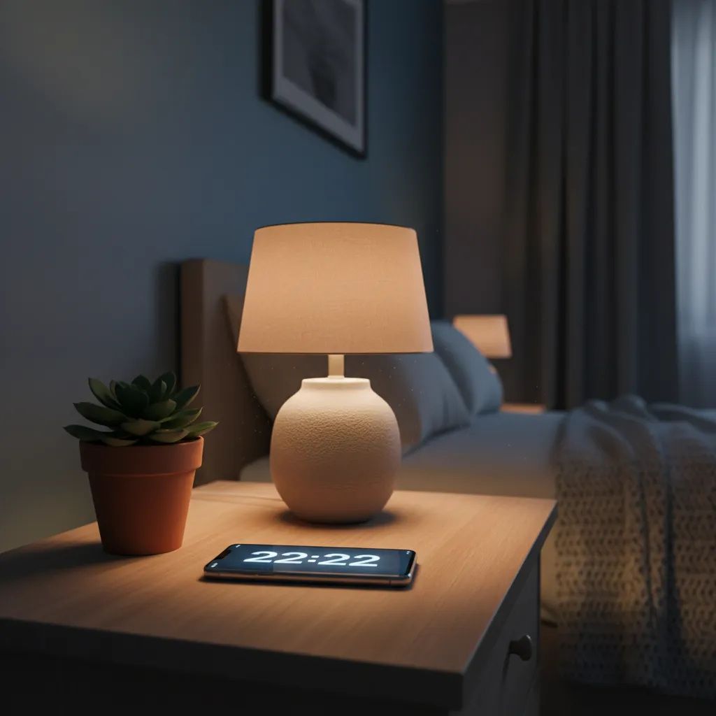Écran de téléphone affichant 22:22 sur une table de nuit avec une plante et une lampe chaleureuse