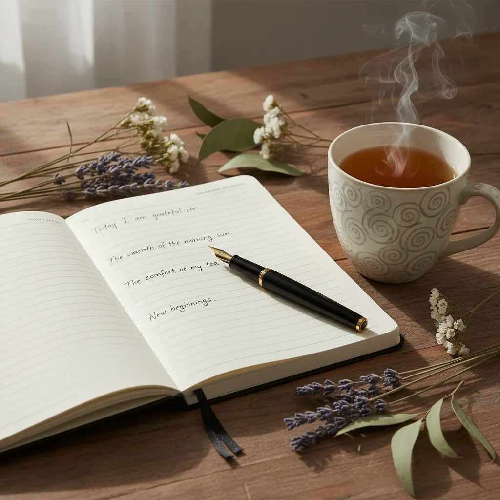 Carnet ouvert sur une table en bois avec une tasse de the pour ecrire son journal de gratitude