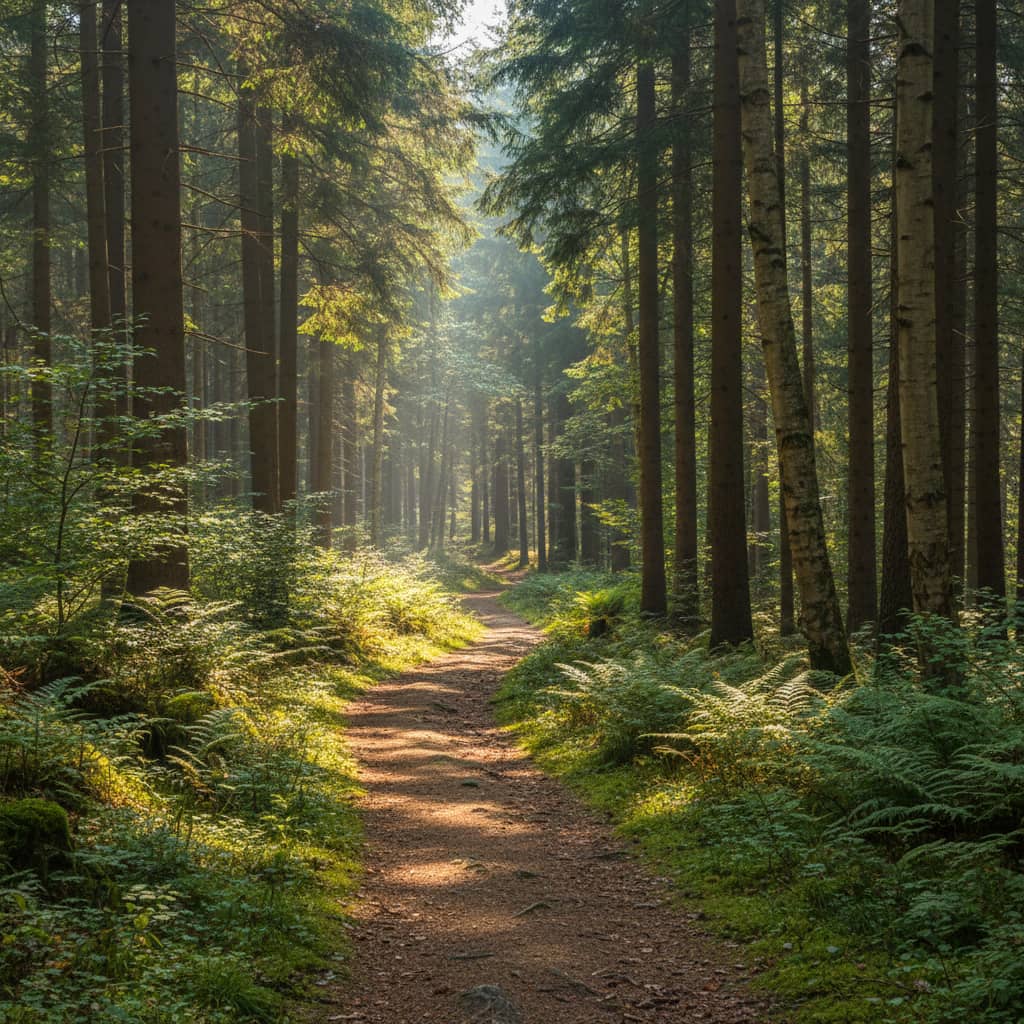 Sentier de marche en nature à travers une forêt verdoyante