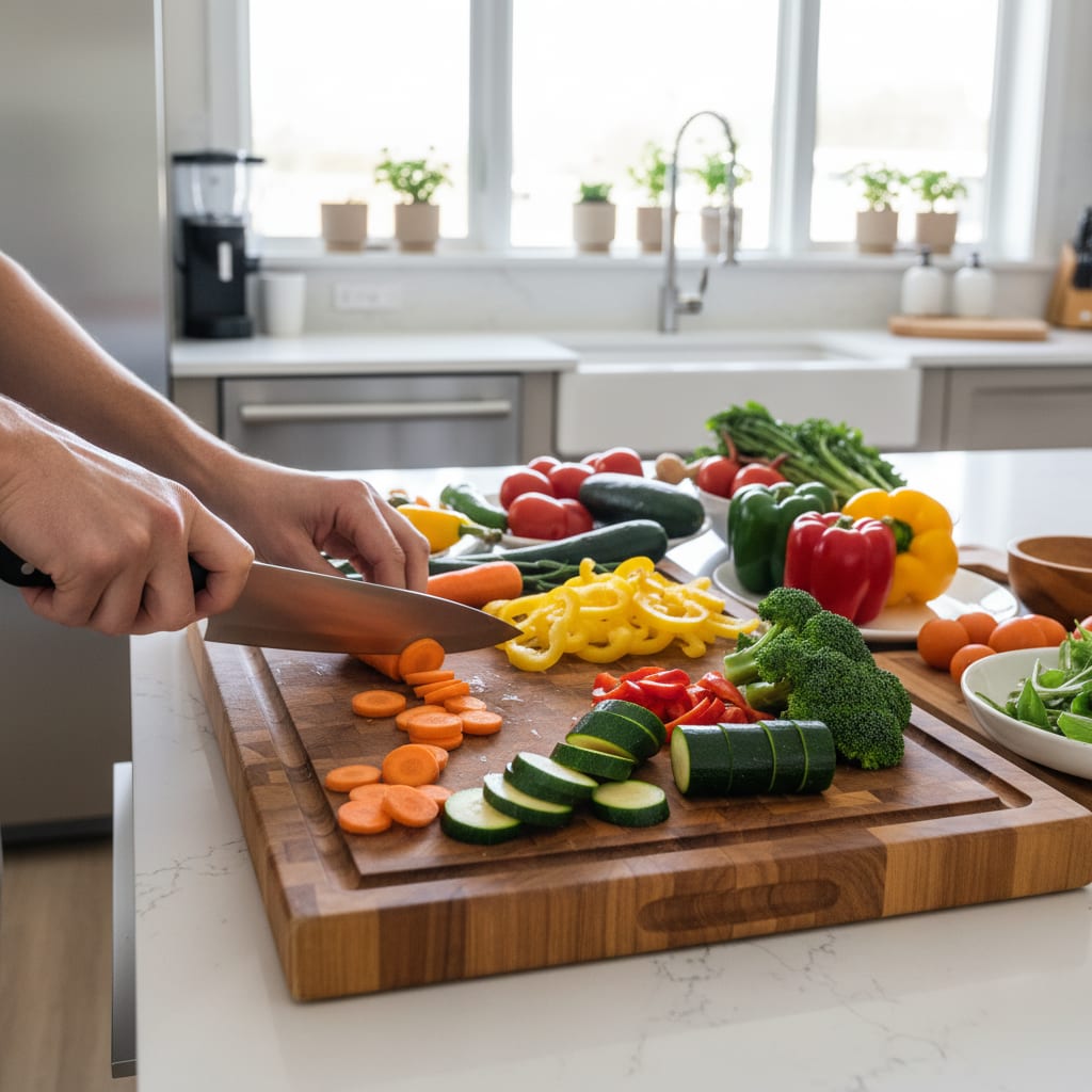 Préparation de légumes frais pour le meal prep du dimanche