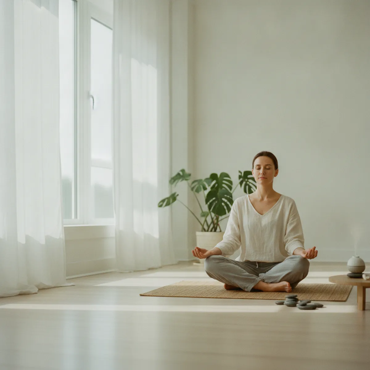 Personne assise en méditation paisible dans un intérieur lumineux