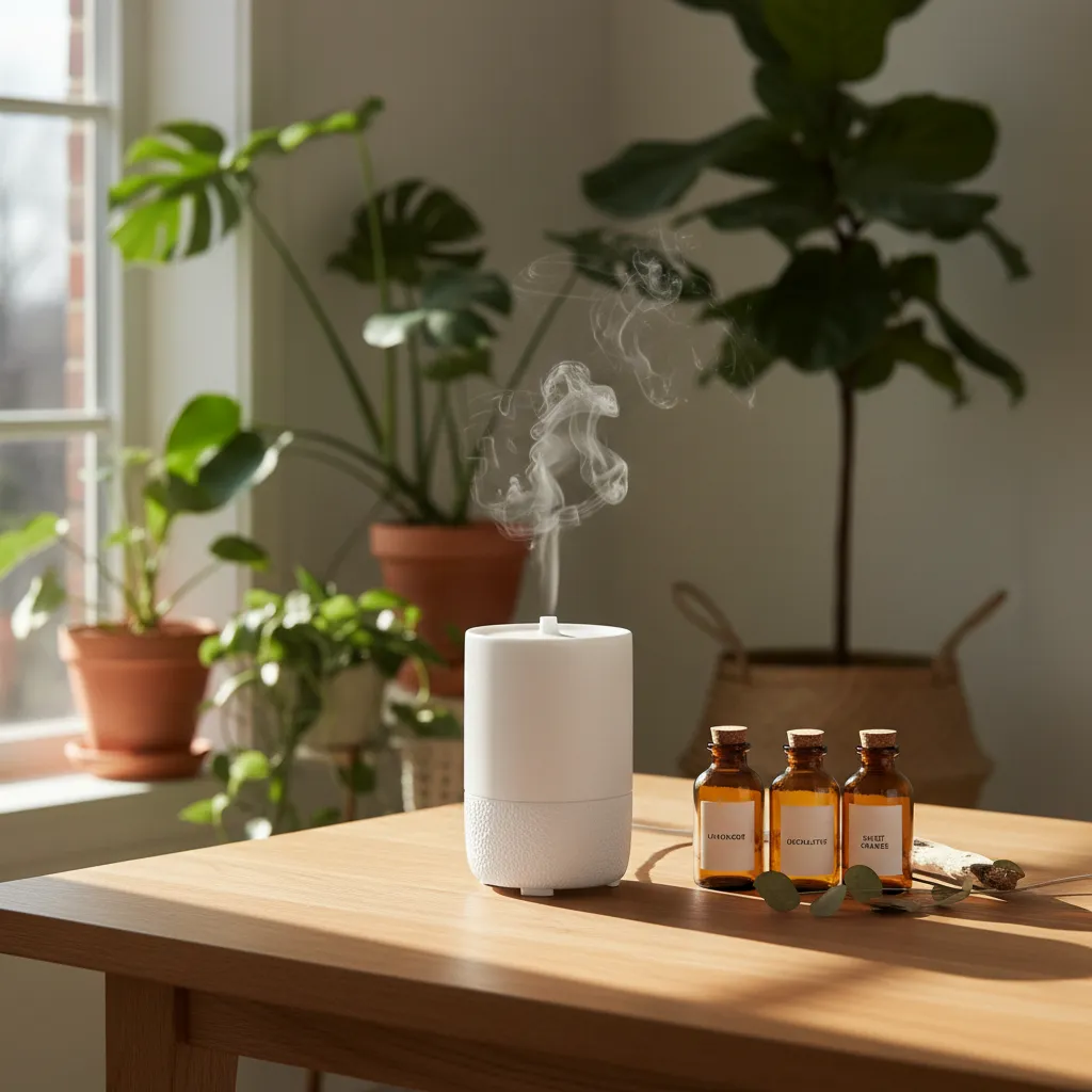 Diffuseur d'huiles essentielles ultrasonique sur une table en bois avec flacons et plantes vertes