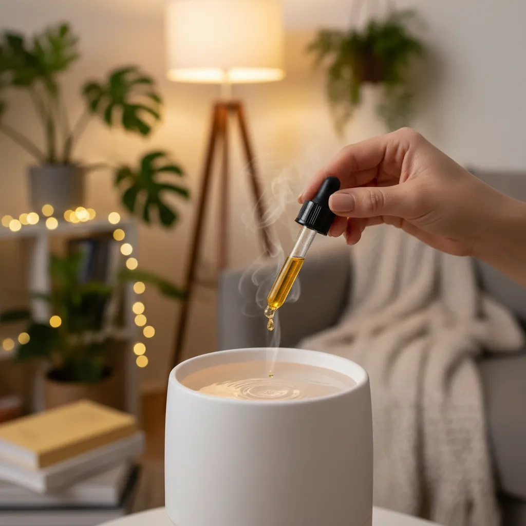 Main versant des gouttes d'huile essentielle dans un diffuseur ultrasonique blanc avec salon en arrière-plan