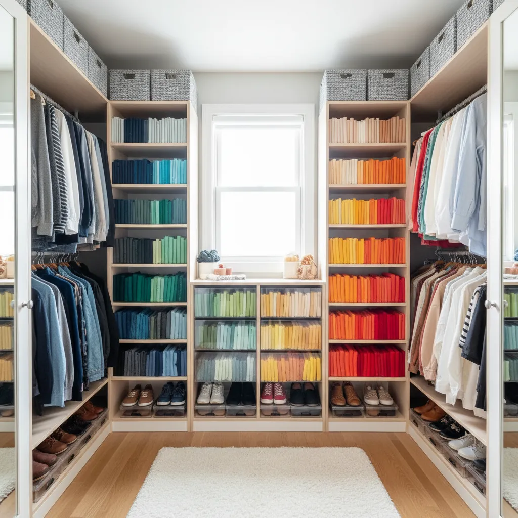 Intérieur rangé selon la méthode Marie Kondo avec des vêtements pliés verticalement