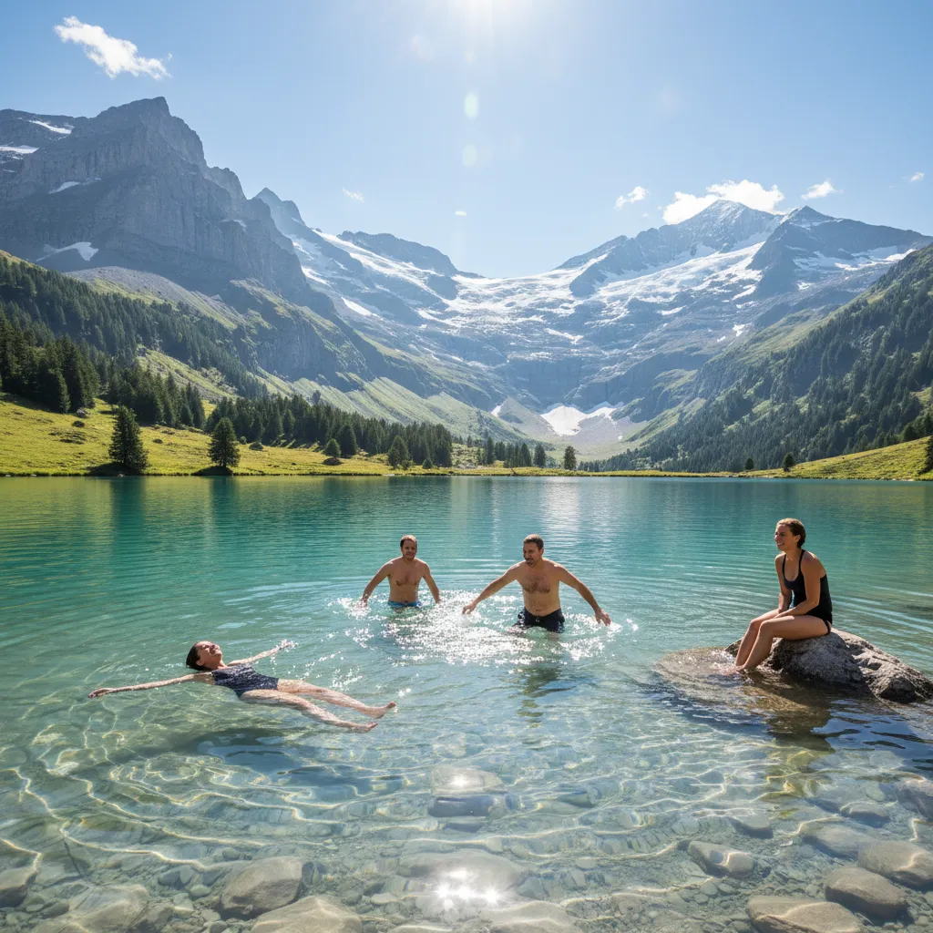 Baignade dans un lac turquoise de Suisse entouré de montagnes et de forêts