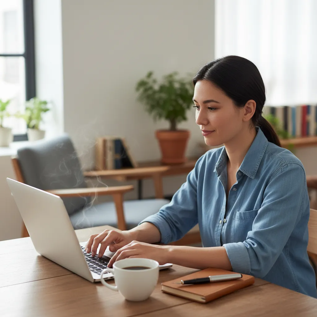 Espace de travail serein avec lumière naturelle, illustrant la productivité sans stress