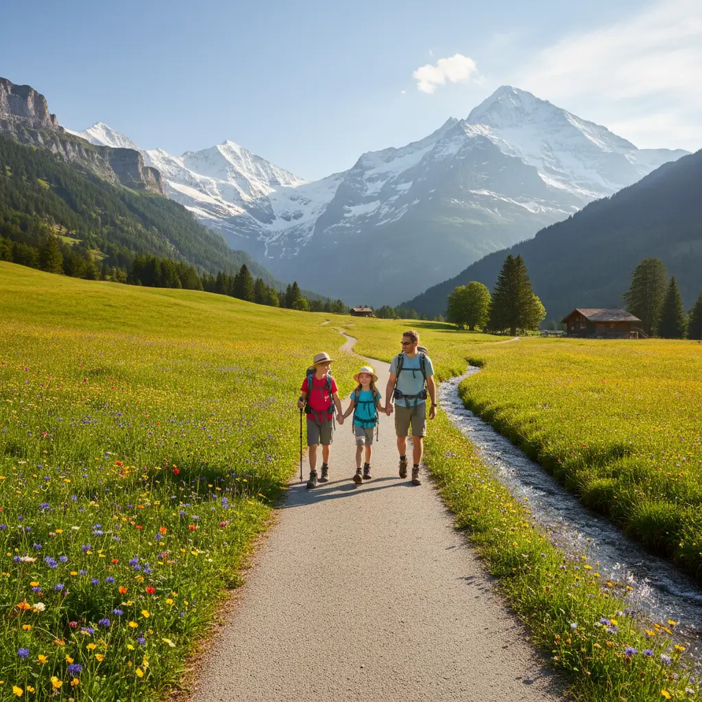 Famille marchant sur un sentier de randonnée facile en Suisse avec vue sur les Alpes et un lac turquoise