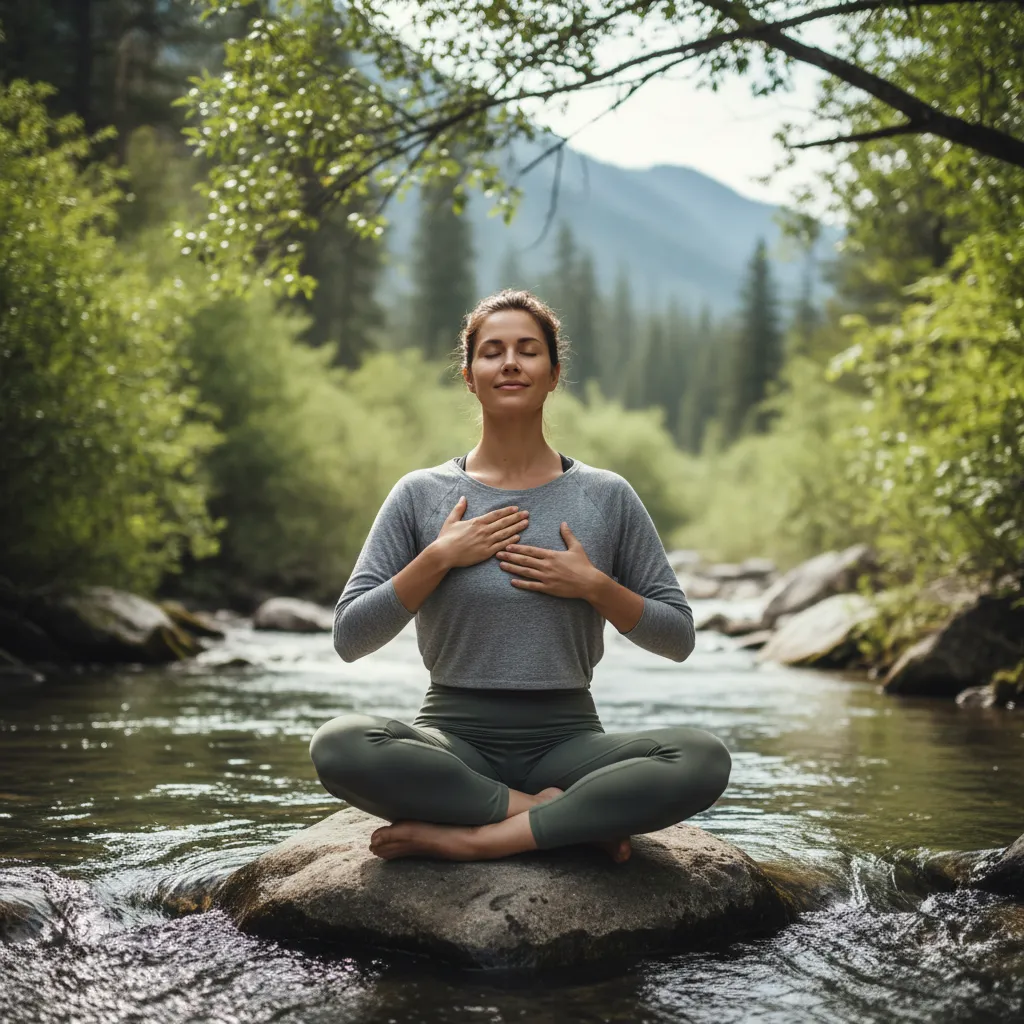 Femme pratiquant un exercice de respiration anti-stress en plein air avec vue sur les Alpes suisses