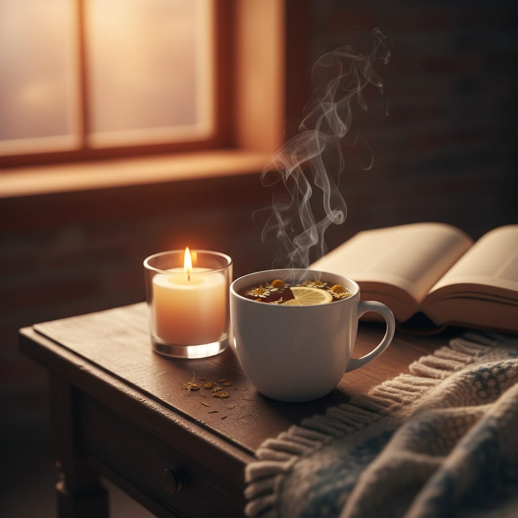 Tisane et bougie pour un rituel du soir relaxant avant le sommeil