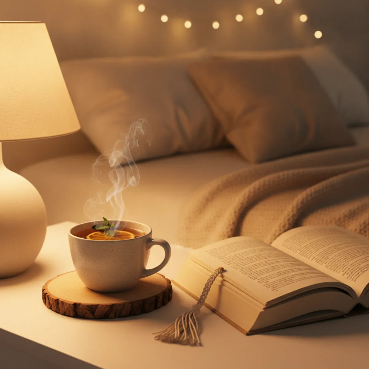 Ambiance cosy du soir avec tisane et lumière tamisée pour favoriser le sommeil