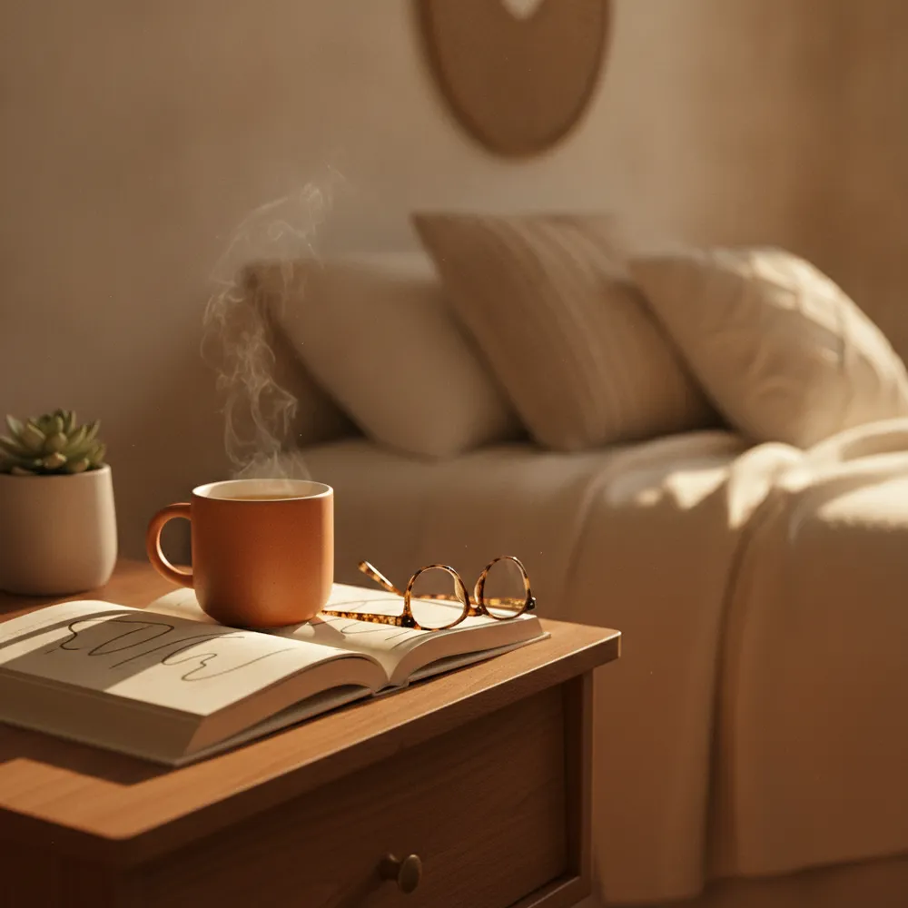 Tisane et livre sur une table de chevet pour la routine du soir
