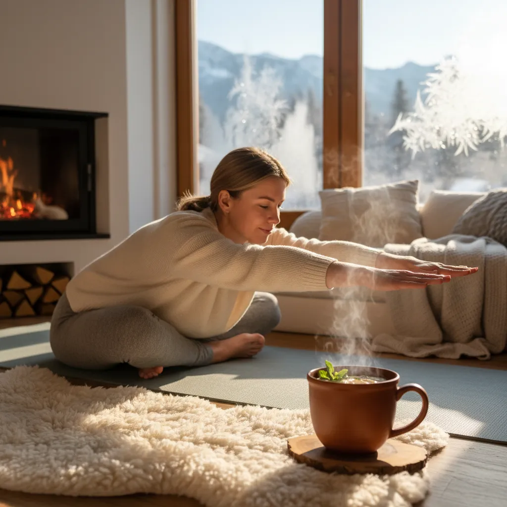 Routine matin hiver avec tasse chaude et lumière douce dans un intérieur suisse