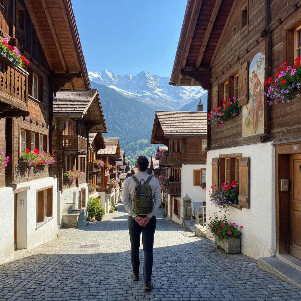Paysage de slow tourisme en Suisse avec un train panoramique traversant les Alpes